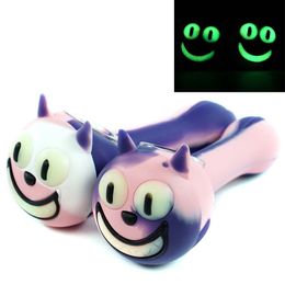 Smoking pipes cat head shape glow in the dark silicone hand pipe with glass bowl sets funny heady tobacco