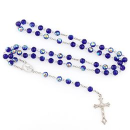 Vintage Religion Jesus Women Catholic Virgin Mary Glass Bead Link Chain Rosary Cross Pendant Necklace