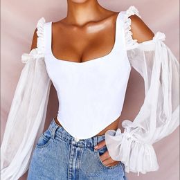 DEAT Spring Summer Long Mesh Sleeve Strapless Square Collar Backless White T Shirt Women Tops MH159 T200614