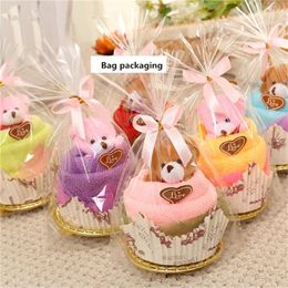 10Sets 30x30cm Creative Towels Mini Bear Cup Cake Pack Microfiber fabric Hand Towels Face Washing Towel Party Wedding Gifts Y200429