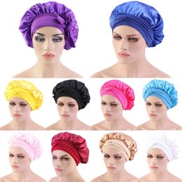 New Women Hair Satin Bonnet For Sleeping Shower Cap Silk Head wrap Ladies Night Sleep Hat Long Tail Headscarf Turban Beanie Caps