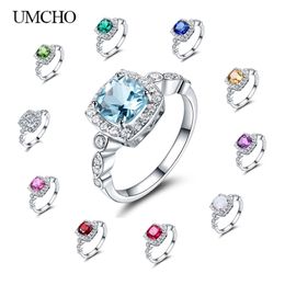 UMCHO Real S925 Sterling Silver Rings for Women Blue Topaz Ring Gemstone Aquamarine Cushion Romantic Gift Engagement Jewellery 220216