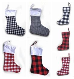 Christmas Stocking Plaid Canvas Ornaments Xmas Candy Strorage Bag Hanging Stocking Christmas Lattice Socks Party Decoration LSK1663