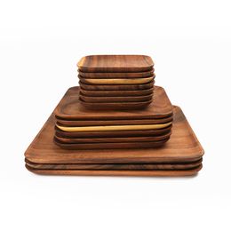Square Wood Pan Plate Fruit Dishes Saucer Tea Tray Dessert Dinner Bread Pizza Rectangle Solid Wood Plate Tea tray 201217
