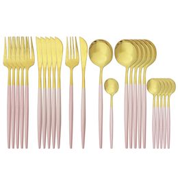 Pink Gold Cutlery Stainless Steel Dinnerware 24Pcs Knives Forks Coffee Spoons Flatware Kitchen Dinner Tableware Set 201119