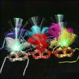 Party Masks Festive & Supplies Home Garden Led Halloween Flash Glowing Feather Mask Mardi Gras Masquerade Cosplay Venetian Costumes Gift189N