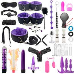 35 Pcs/set Products Erotic Adults BDSM Bondage Set Handcuffs Anal Plug Dildo Vibrator Whip Sex Toys for Couples Y200422
