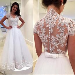 Sexy Illusion Lace Wedding Dresses Bridal Gowns V Neck Back Covered Buttons Short Sleeves Sweep Train Long Top Appliqued Beaded Boho A Line Ivory Bride Dress 2023