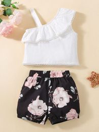 Baby Asymmetrical Neck Ruffle Trim Top & Floral Print Shorts SHE
