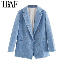 TRAF Women Fashion Office Wear Double Breasted Tweed Blazer Coat Vintage Long Sleeve Frayed Female Outerwear Chic Tops 201023