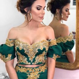 Two Pieces Mermaid Prom Dress Off the Shoulder Gold Lace Short Sleeves Prom Party Gowns Celebrity Carpet Dresses