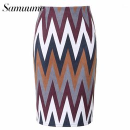 Wholesale- Samuume Vintage Multi Color Wave Shape Printed Midi Skirts Women 2017 High Waist Knee-Length Office Pencil Skirt Faldas A16080491