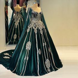 Traditional Caftan Marocain Evening Dresses Dark Green Lace Applqiue Formal Gown Bead And Sequins Robe De soiree De mariage