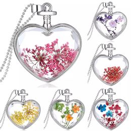 High Quality Heart Glass Dried Flowers Necklace Female Long Chain Glass Pendant Women Engagement Jewelry for Lovers Gift