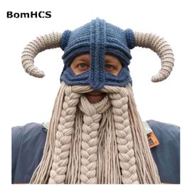 BomHCS Vikings Beanies Beard Horn Hats Handmade Knitted Caps Men's Women Birthday Cool Gifts Party Mask Y201024