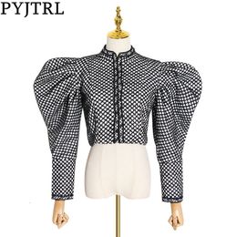PYJTRL Autumn Plaid Coat For Women Fashion Puff Sleeve Short Female Streetwear Hidden Buttons Jacket 201017