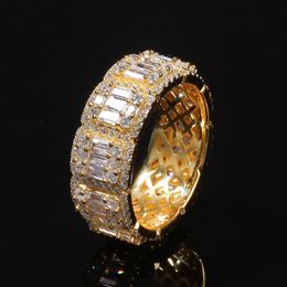 Хип-хоп 8 мм 10 мм полноценный CZ Кубический Zircon Charm Oced Out Out Bling Cready Copper Zircon кольцо для мужчин Женщины Ювелирные Изделия Золото