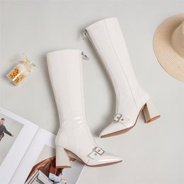 Hot Sale ANNYMOLI Winter Knee Women Natural Genuine Leather Buckle Block High Heel Tall Boots Zip Square Toe Shoes Lady 34-39