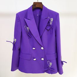New Style Top Quality Blazers Original Design Women's Double-Breasted Slim Jacket Heart Shaped Diamond Button Purple Blazer Bow-knot Decoration Rhinestone Outwear