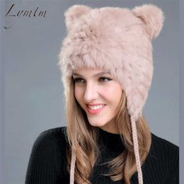 Lovely Bear Ear Skullies Beanies Genuine Rex Rabbit Fur Fabric Knitted Hats Winter Warm Soft Solid Caps Snow Women Hat 211229