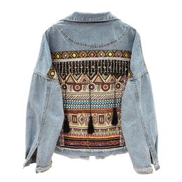 Vintage Jeans Jacket Coat Women Tassel Embroidery Flowers Denim Coat Loose Long Sleeve Short Bohemia Denim Jacket Female Outwear 201017