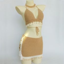 3pcs Bikini Set Woman Crochet Shell Tassel Top And Seashell Ankle Chain Sexy Beach Skirt Lace See Through Slim Mini 220211