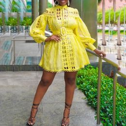 Basic Casual Dresses African Women Fashion Africa Yellow Lace Lantern Sleeve a Line Mini Elegant Evening Night Club Wear Dress No Belt