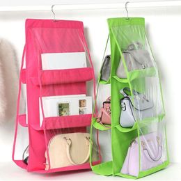 Storage Bags Transparent 6 Pocket Hanging Handbag Organiser For Wardrobe Holder Clear Sundry Shoe Bag Shelf Tote Rack With Hanger