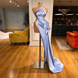 Royal Blue Prom Dresses One Shoulder Beaded Evening Dress Glitter Bling Custom Made Sweep Train Side-split A-line Formal Party Dress