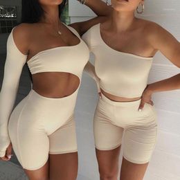 Women's Jumpsuits & Rompers 2021 Winter Autumn Women Sexy Fitness Jumpsuit One Shoulder Skinny Bodycon Solid Sport Romper Playsuit For