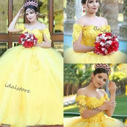 New Arrival Yellow Quinceanera Dresses 2021 Elegant Off The Shoulder Short Sleeve Lace Flower Ball Gown Puffy Prom Dress Classy Sweet 15