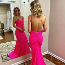 Fuchsia Simple Sexy Backless Prom Dresses Arabic Spaghetti Straps Mermaid Evening Dresses Sweep Train Vestidos Formal Party Dress L181