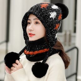 Winter Women Beanies Hats With Three Pompom Ball Xmas Tree Jacquard Knit Hat Scarf 2pcs/Set Thick Warm Ski Cap Christmas gift