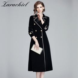 Women Elegant Golden Button Double-Breasted Velvet Trench Coat Vintage Warm Thick Pocket Notched Outerweat Long Black Trench 201031