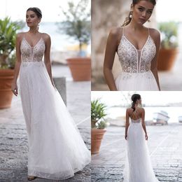 2020 Bohemian A Line Wedding Dresses Bridal Gowns Spaghetti Straps Lace Beaded Floor Length vestido de novia Plus Size Wedding Dress