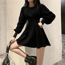 QWEEK Autumn Black Mini Dress Spring Fashion Korean Style Wrap Long Sleeve Pleated Dress Casual Wrap Streetwear Women Kpop 220311