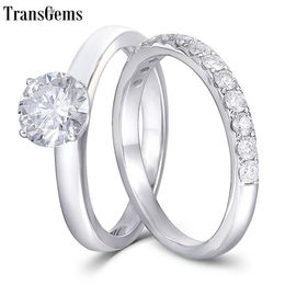 TransGems Solid 18K 14K White Gold Engagement Bridal Set Centre 1ct 6.5MM Excellent F Colour Ring Set for Women Y200620