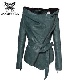 AORRYVLA New Autumn Women Slim Leather Jacket Hoodies Full Sleeve Short Length Casual Black Faux Leather Jacket With Belt 210201