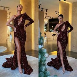 Bury 2021 Sparkly Evening Dresses One Shoulder Long Sleeves Sequins Mermaid High Slit Sweep Train Custom Made Prom Party Gowns