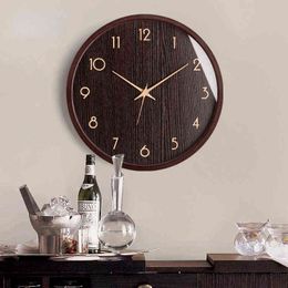 European Luxury Wall Clock Mute Wood Grain Wall Clock Modern Design Grass Golden Pointer Reloj De Pared Decoration Living Room H1230