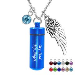 Aluminium Alloy Cylinder Cremation Ashes Urn Jewellery For Dad Memorial Pendant Neckalce With 12 Birthstones -My Dad My Angel