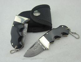 4.3 Inch Damascus Pocket Folding Knife VG10 Damascus Steel Blade Cow Horn + Brass Head Handle EDC Knives