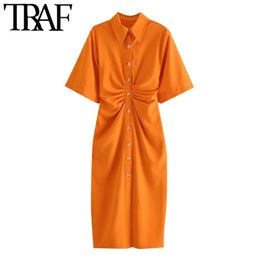 TRAF Women Chic Fashion Button-up Draped Midi Shirt Dress Vintage Short Sleeve Side Zipper Female Dresses Vestidos 220215