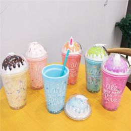 Ice Cream Water Bottle with Straws 15oz Reusable Home Office Water Tumbler with Straw Girl Cute Milk Juice Ice Cup