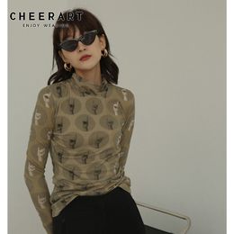CHEERART Vintage T Shirt Turtle Neck Long Sleeve Top Aesthetic Tight Tee Shirt Femme Underwear Women Fall Clothes 201125