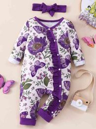 Baby Butterfly & Floral Print Frill Trim Jumpsuit With Headband SHE