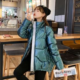 Fitaylor Winter Coat Women Casual Parkas Short Loose Bright Jackets Pink Green Snowoutwear Bubble Coat 201027