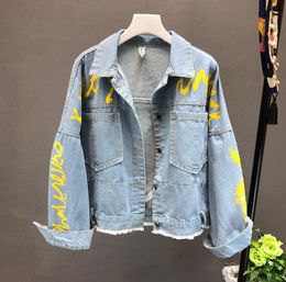 Neploe Hand-painted Pattern Chic Coat Letters Print Cool Girl Denim Jacket 2020 Spring Autumn Fashion Pockets BF Outwear LJ200825