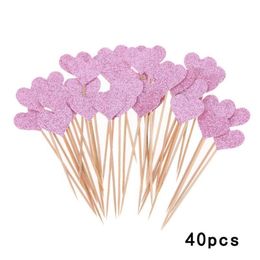 40pcs/set Coloured Bling Heart Shape Cupcake Toppers Insert Cards with Toothpick Wedding Birthday Party Gifts Cake Decorations Y200618