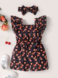 Baby Floral Print Ruffle Trim Belted Romper With Headband SHE